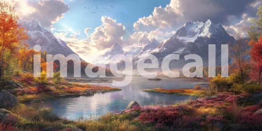 A tranquil lake nestled amidst a breathtaking panorama of towering mountains and dramatic cloudscapes, inviting a sense of peace and wonder