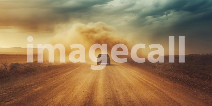 Alone vehicle braves the dusty desert road, leaving a trail of adventure