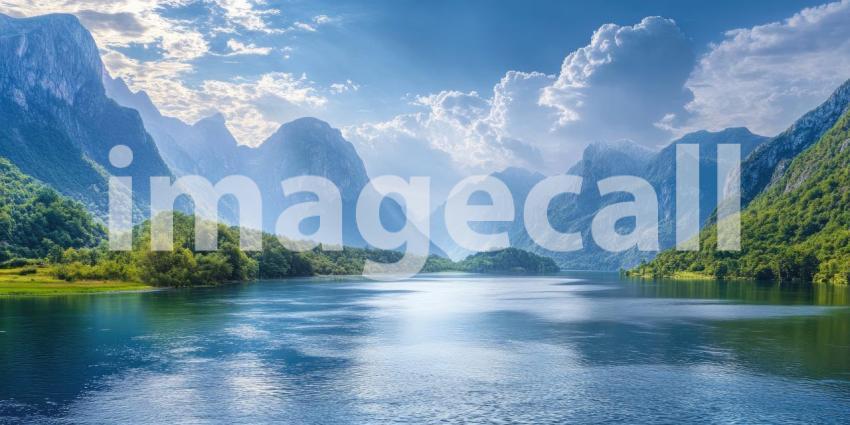 A tranquil lake nestled amidst a breathtaking panorama of towering mountains and dramatic cloudscapes, inviting a sense of peace and wonder