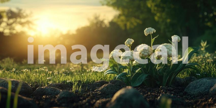 A golden sunset bathes a field of blooming marigolds in its warm glow