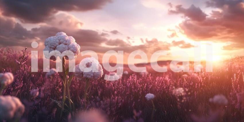 A golden sunset bathes a field of blooming marigolds in its warm glow