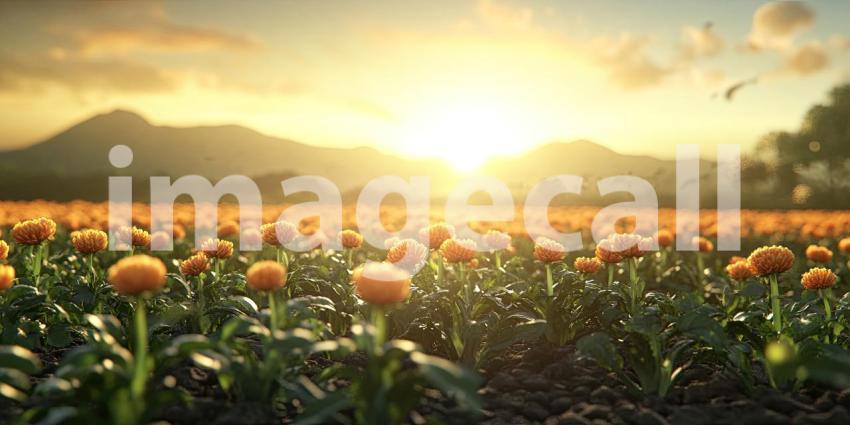 A golden sunset bathes a field of blooming marigolds in its warm glow