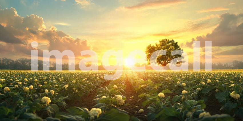 A golden sunset bathes a field of blooming marigolds in its warm glow