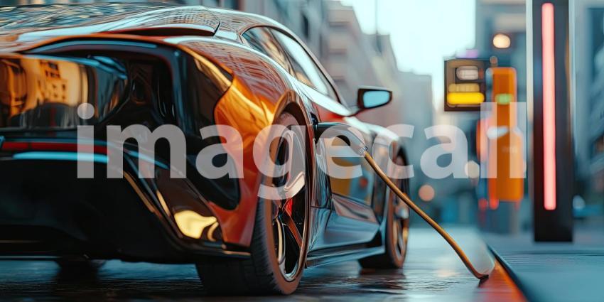 A sleek electric sports car charges up for the future, amidst the neon glow of the city