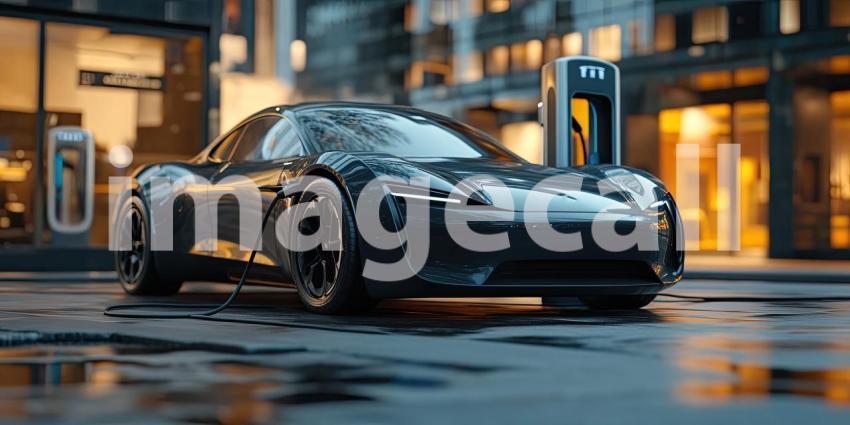 A sleek electric sports car charges up for the future, amidst the neon glow of the city