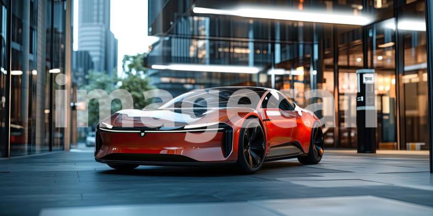 A sleek electric sports car charges up for the future, amidst the neon glow of the city