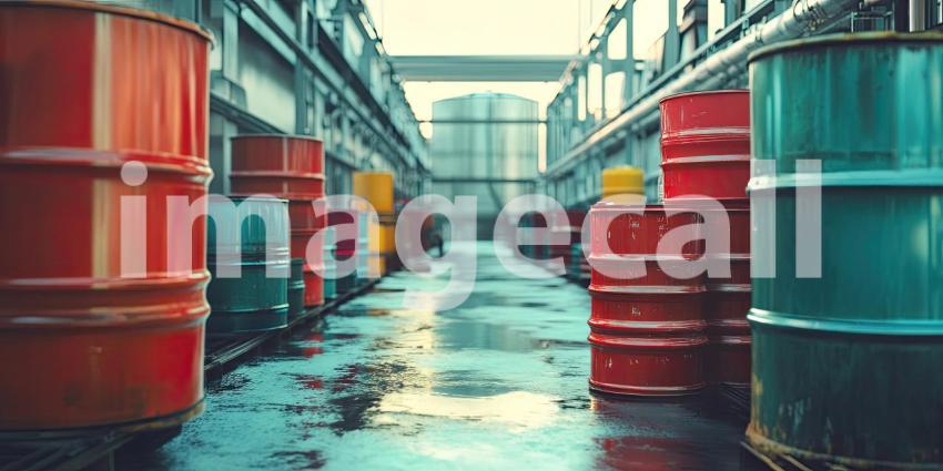 A colorful symphony of barrels lines the industrial corridor, reflecting the vibrant hues of industry
