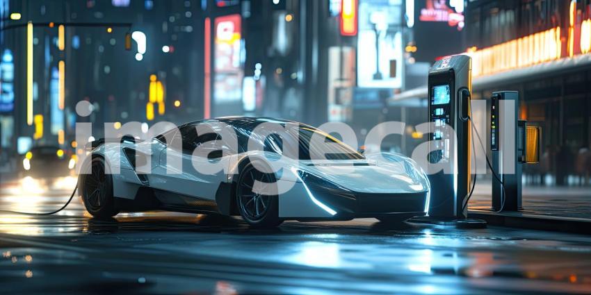 A sleek electric sports car charges up for the future, amidst the neon glow of the city