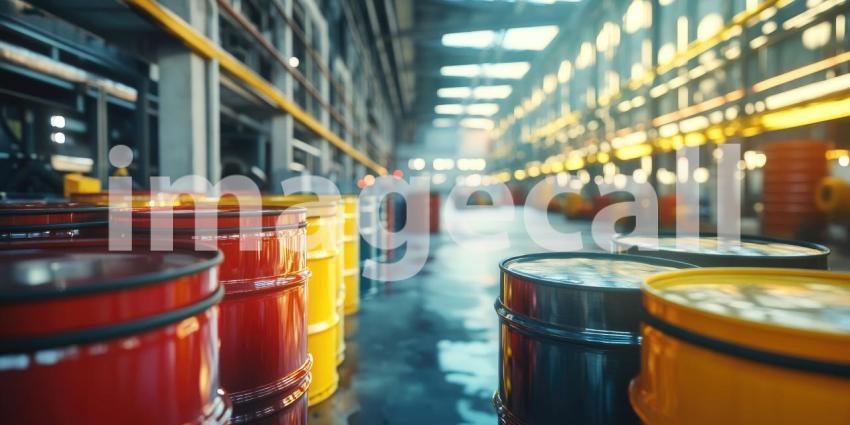A colorful symphony of barrels lines the industrial corridor, reflecting the vibrant hues of industry