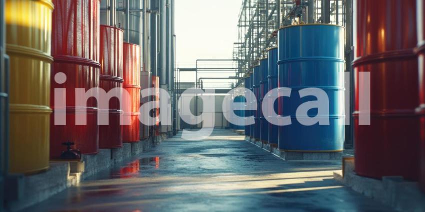 A colorful symphony of barrels lines the industrial corridor, reflecting the vibrant hues of industry