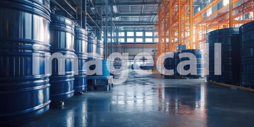 A colorful symphony of barrels lines the industrial corridor, reflecting the vibrant hues of industry