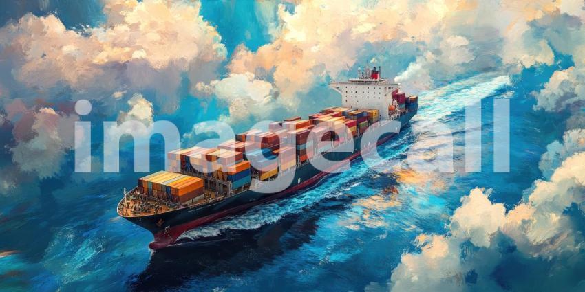 A majestic cargo ship sails through a sea of clouds, carrying dreams across the ocean