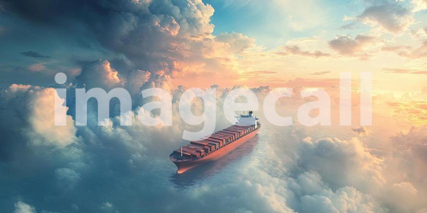 A majestic cargo ship sails through a sea of clouds, carrying dreams across the ocean