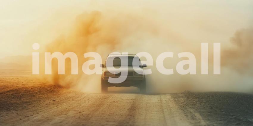 Alone vehicle braves the dusty desert road, leaving a trail of adventure
