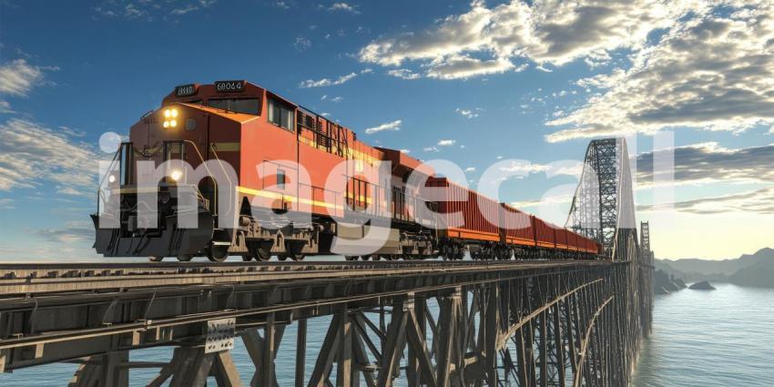 A mighty train chugs across a towering bridge, carrying dreams and cargo through the mountains