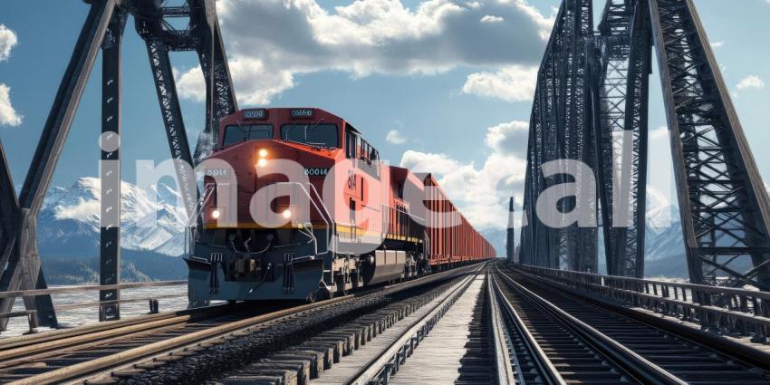 A mighty train chugs across a towering bridge, carrying dreams and cargo through the mountains