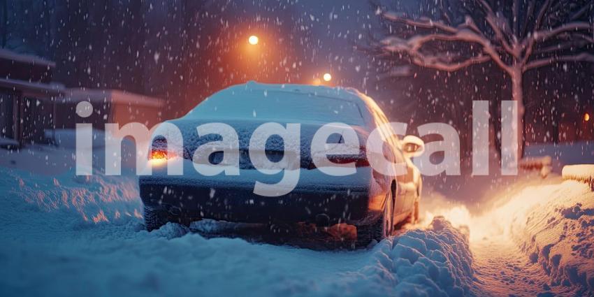 A sleek car navigates the snowy mountain pass, leaving a trail of winter magic