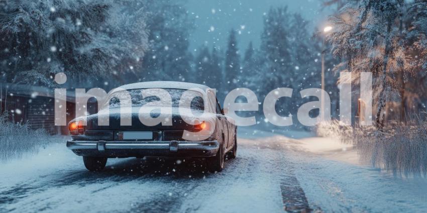 A sleek car navigates the snowy mountain pass, leaving a trail of winter magic