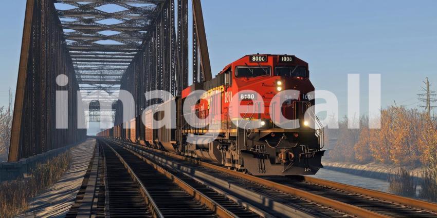 A mighty train chugs across a towering bridge, carrying dreams and cargo through the mountains