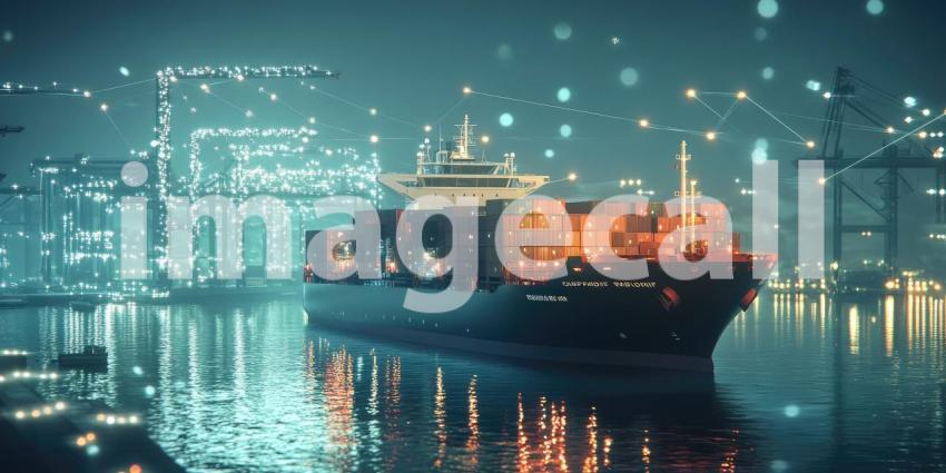 A digital tapestry of global trade, with a cargo ship as the centerpiece