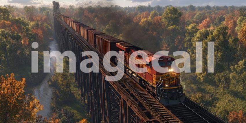 A mighty train chugs across a towering bridge, carrying dreams and cargo through the mountains