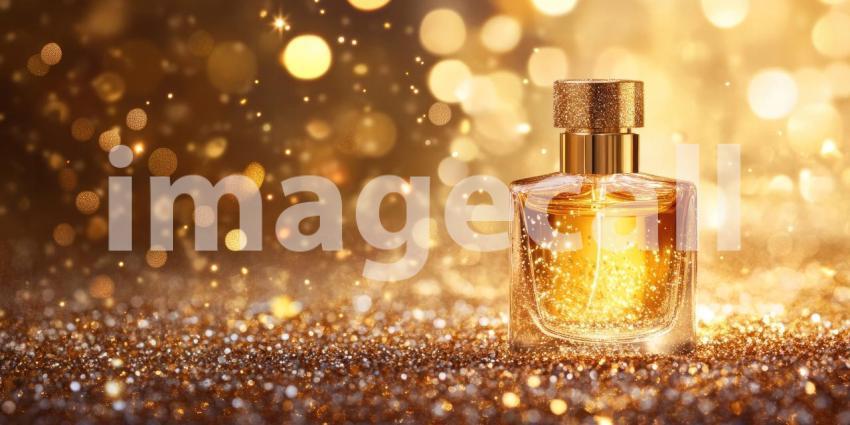 A luxurious perfume bottle, bathed in a warm golden light, evokes a sense of opulence and sophistication