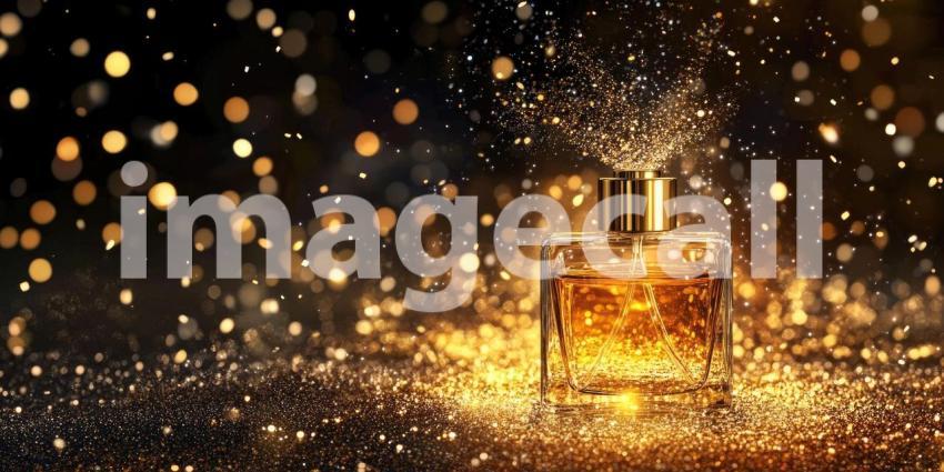 A luxurious perfume bottle, bathed in a warm golden light, evokes a sense of opulence and sophistication