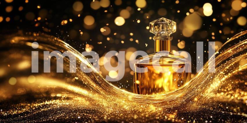 A luxurious perfume bottle, bathed in a warm golden light, evokes a sense of opulence and sophistication