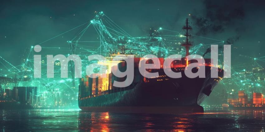 A digital tapestry of global trade, with a cargo ship as the centerpiece