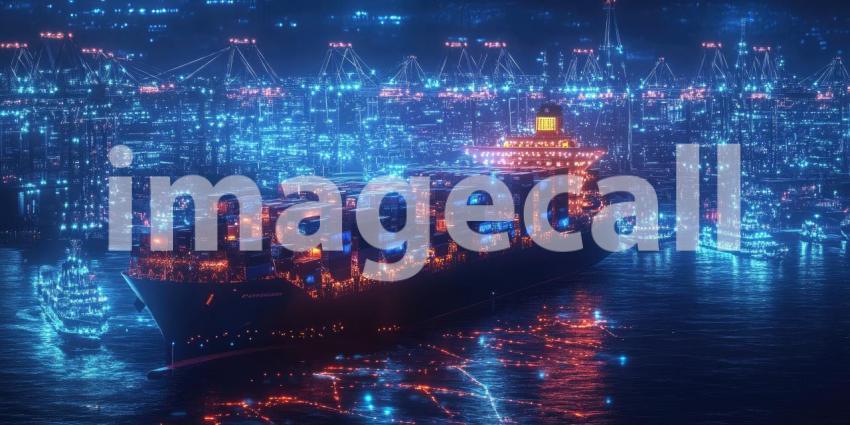 A digital tapestry of global trade, with a cargo ship as the centerpiece