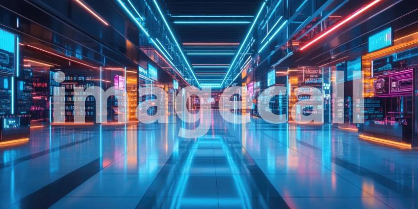 A Glimpse into the Future of Retail - A futuristic, high-tech warehouse illuminated with vibrant neon lights, showcasing the potential of automation and innovation in modern logistics