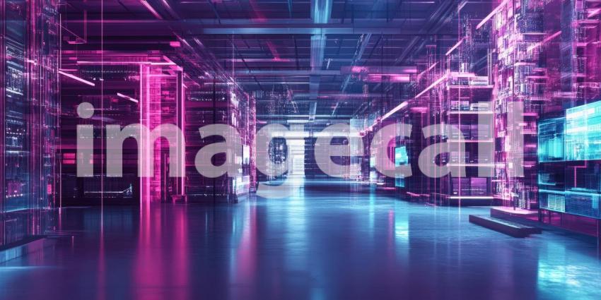 A Glimpse into the Future of Retail - A futuristic, high-tech warehouse illuminated with vibrant neon lights, showcasing the potential of automation and innovation in modern logistics