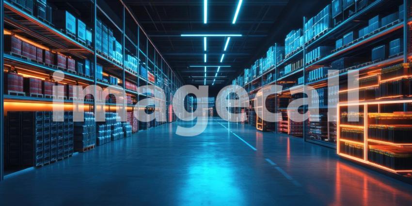 A Glimpse into the Future of Retail - A futuristic, high-tech warehouse illuminated with vibrant neon lights, showcasing the potential of automation and innovation in modern logistics