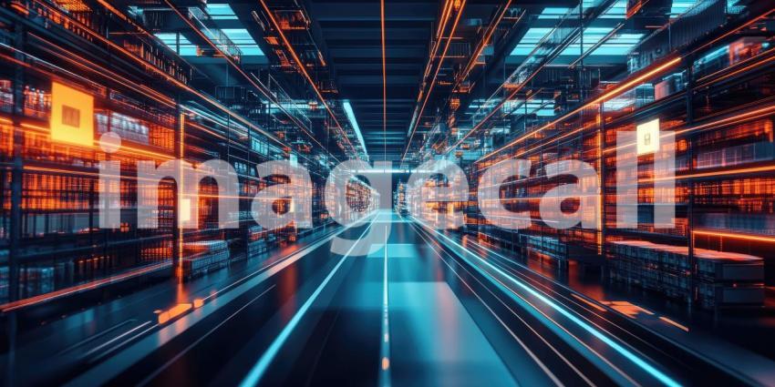 A Glimpse into the Future of Retail - A futuristic, high-tech warehouse illuminated with vibrant neon lights, showcasing the potential of automation and innovation in modern logistics