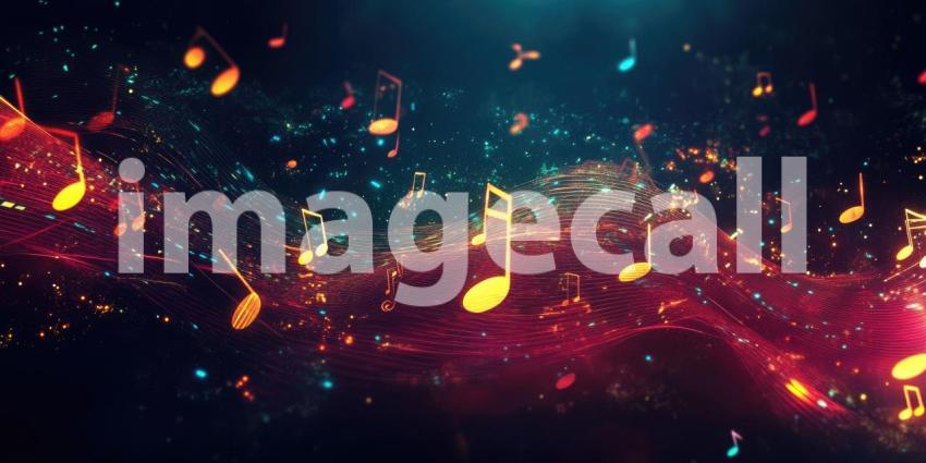 A vibrant explosion of musical notes dances through a swirling nebula of energy, capturing the essence of rhythm and harmony