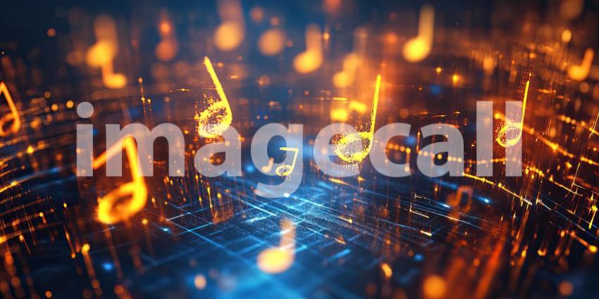 A vibrant explosion of musical notes dances through a swirling nebula of energy, capturing the essence of rhythm and harmony