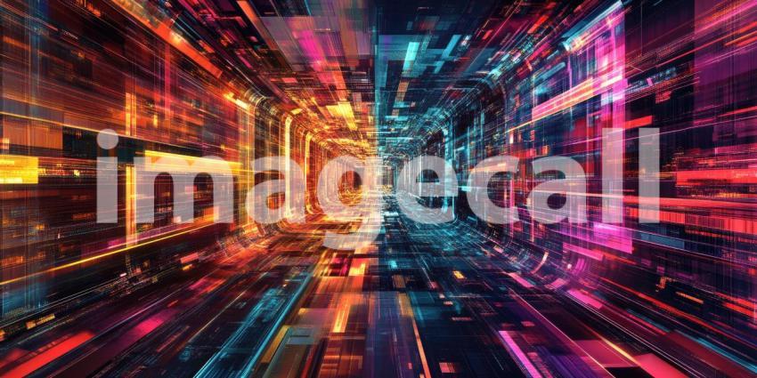 A kaleidoscopic journey through a digital universe, where vibrant hues of red, orange, and blue converge in a mesmerizing symphony of light and data