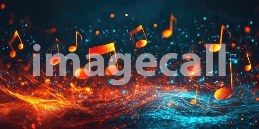 A vibrant explosion of musical notes dances through a swirling nebula of energy, capturing the essence of rhythm and harmony