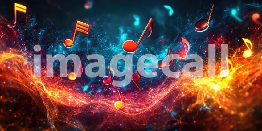 A vibrant explosion of musical notes dances through a swirling nebula of energy, capturing the essence of rhythm and harmony