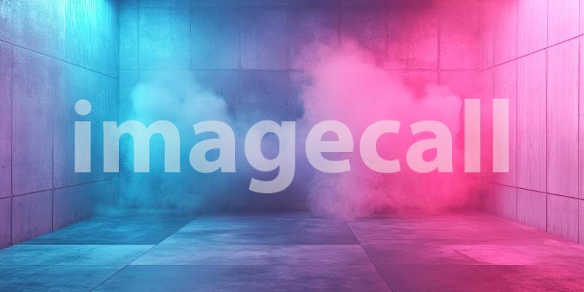 A minimalist room bathed in a surreal glow of blue and pink neon light, with swirling clouds of smoke adding an ethereal touch