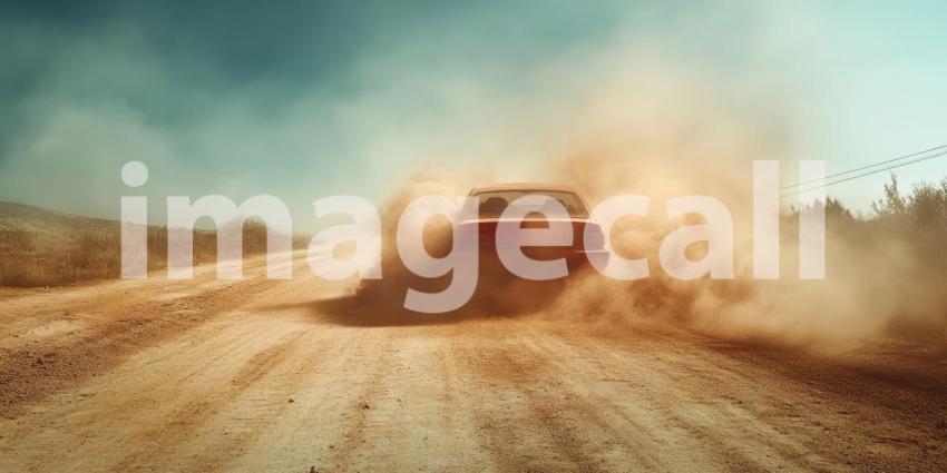 Alone vehicle braves the dusty desert road, leaving a trail of adventure