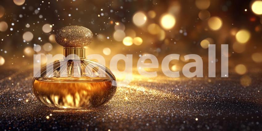 A luxurious perfume bottle, bathed in a warm golden light, evokes a sense of opulence and sophistication
