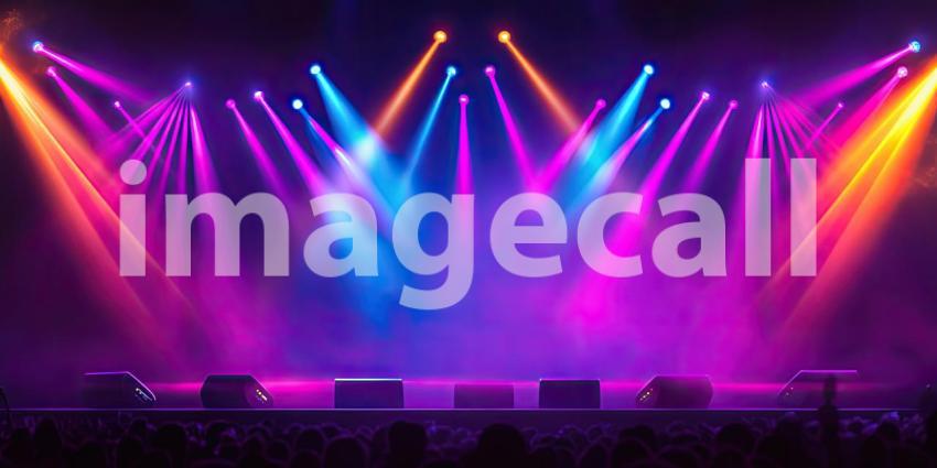 A dazzling array of colored lights illuminates a concert stage, creating an atmosphere of excitement and anticipation for the performance to come