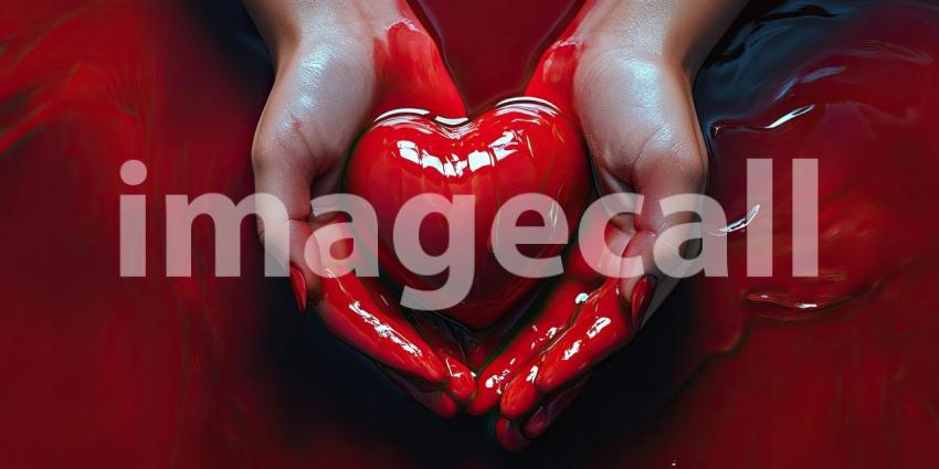 A Heart of Fire: Two hands cradle a luminous red heart, radiating warmth and passion amidst a backdrop of swirling flames