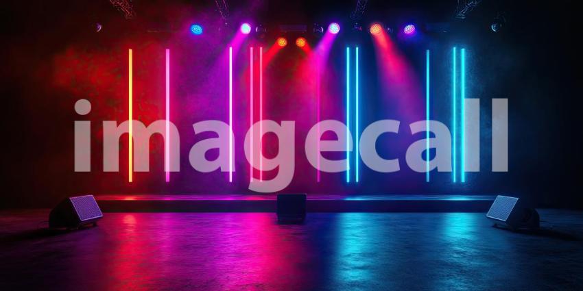 A dazzling array of colored lights illuminates a concert stage, creating an atmosphere of excitement and anticipation for the performance to come