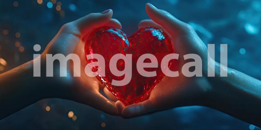 A Heart of Fire: Two hands cradle a luminous red heart, radiating warmth and passion amidst a backdrop of swirling flames