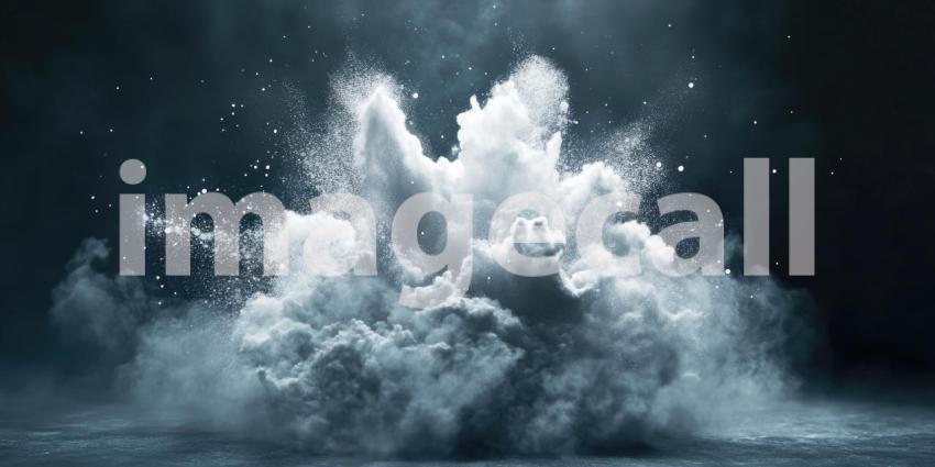 A dramatic explosion of white powder erupts against a dark background, capturing the raw power and dynamic energy of a sudden release