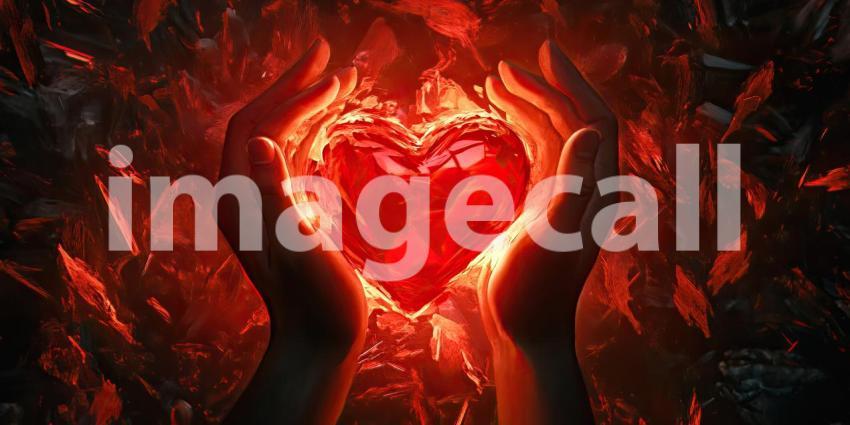 A Heart of Fire: Two hands cradle a luminous red heart, radiating warmth and passion amidst a backdrop of swirling flames