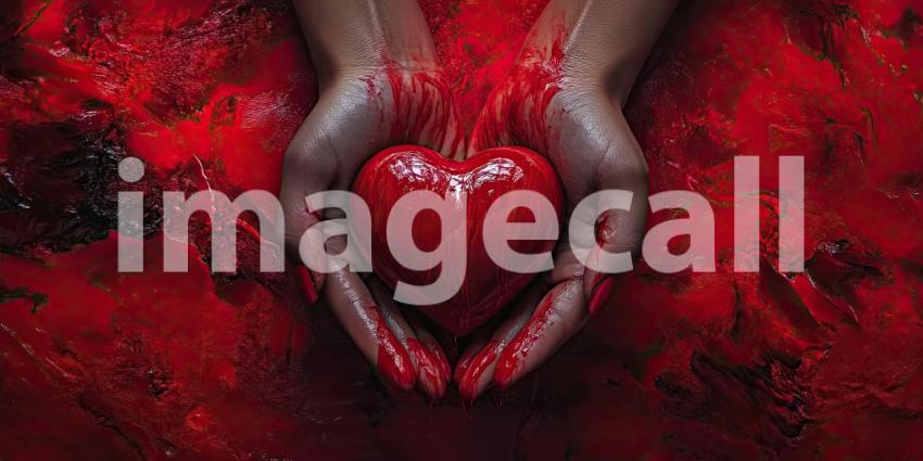 A Heart of Fire: Two hands cradle a luminous red heart, radiating warmth and passion amidst a backdrop of swirling flames