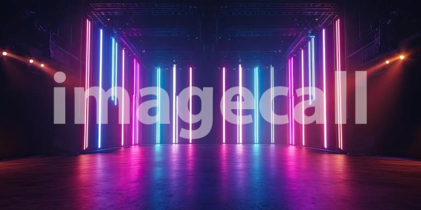 A dazzling array of colored lights illuminates a concert stage, creating an atmosphere of excitement and anticipation for the performance to come